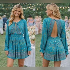 Free People Aqua Print Open Back Mini Dress M 8 Long Sleeve NWT Boho Spring